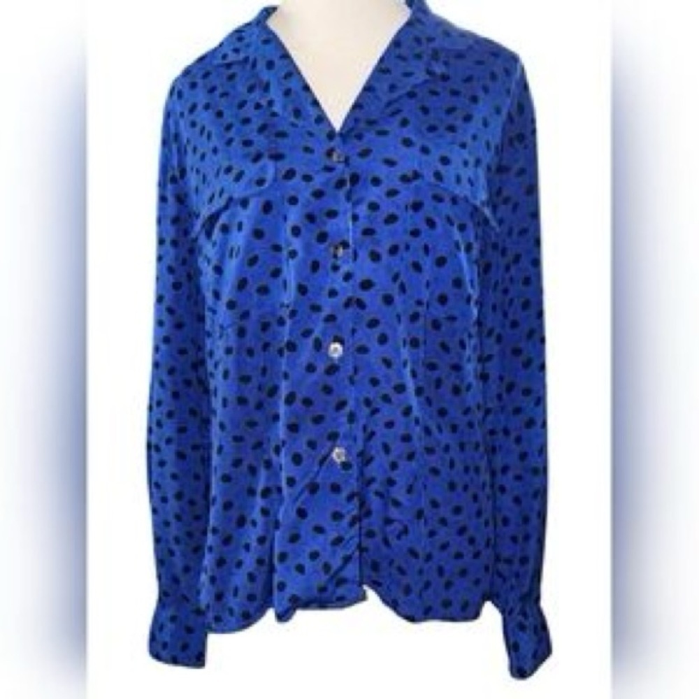 Vintage Christian Dior Chemises Blue Polka Dot Button Down Blouse 80s Size 10 - Picture 2 of 10